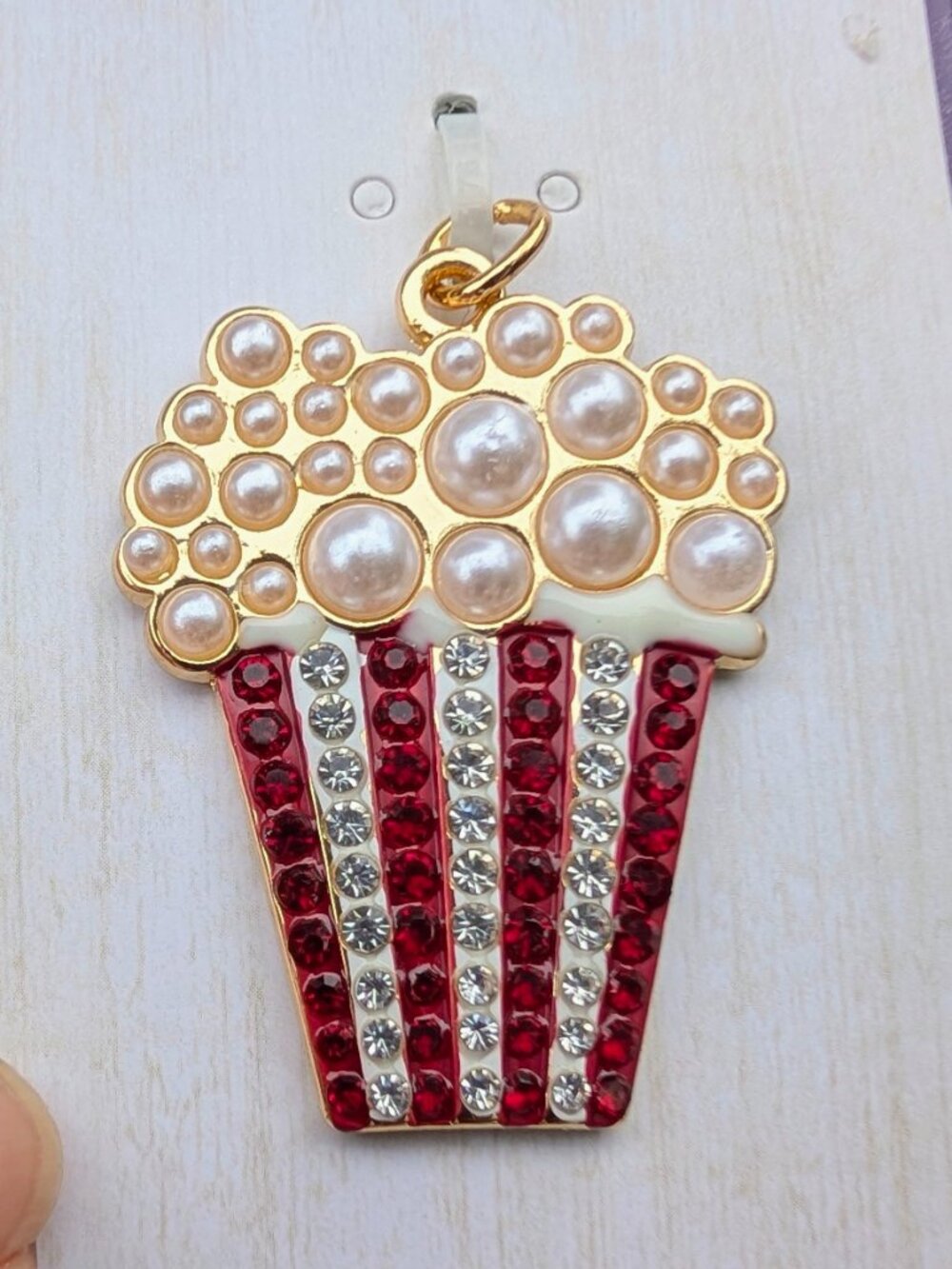 Hello Happy Popcorn Pendant Charm - Faux Pearls, clear and red rhinestones - NWT